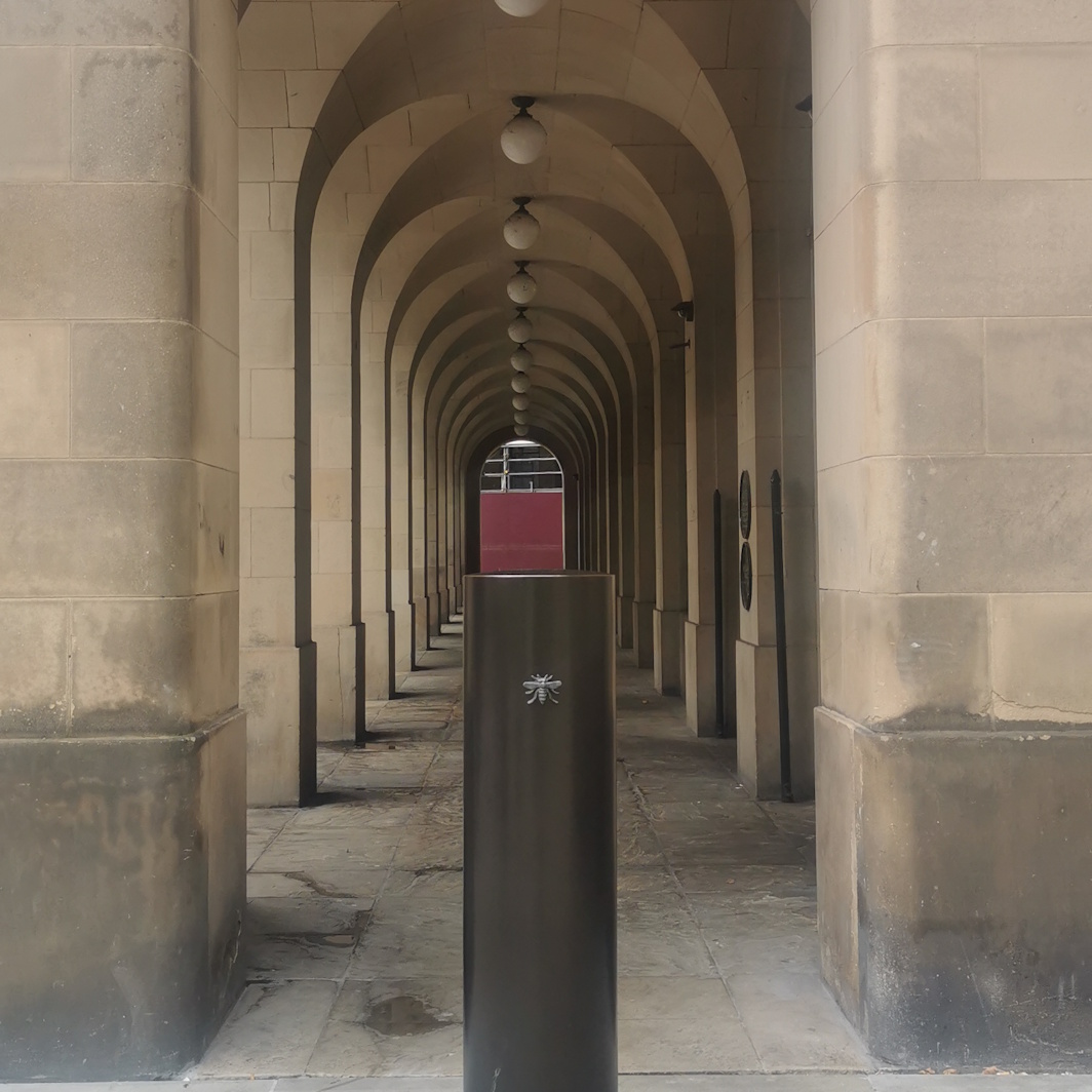 Bee on large bollard near Town Hall, Albert Square